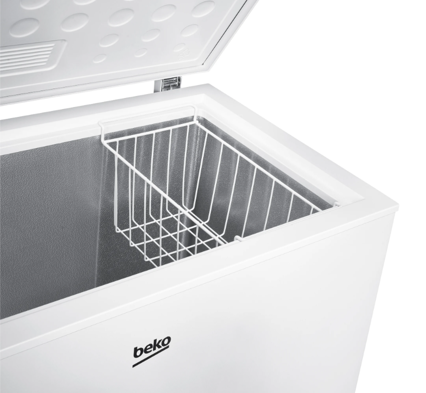 Beko Chest Freezer CF4198W open showing white wire basket and textured interior lining.