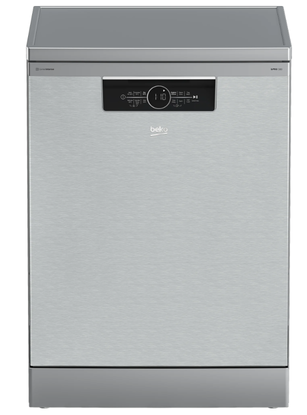 Beko 16 place stainless steel freestanding dishwasher with digital control panel and sleek finish.