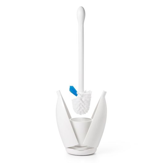 Oxo Good Grips Toilet Brush with angled bristles, flexible neck, non-slip handle, and ventilated canister at Keans