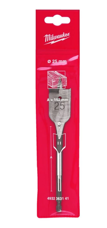 Milwaukee 25mm flat drill bit in red packaging with size and wood drilling diagram visible