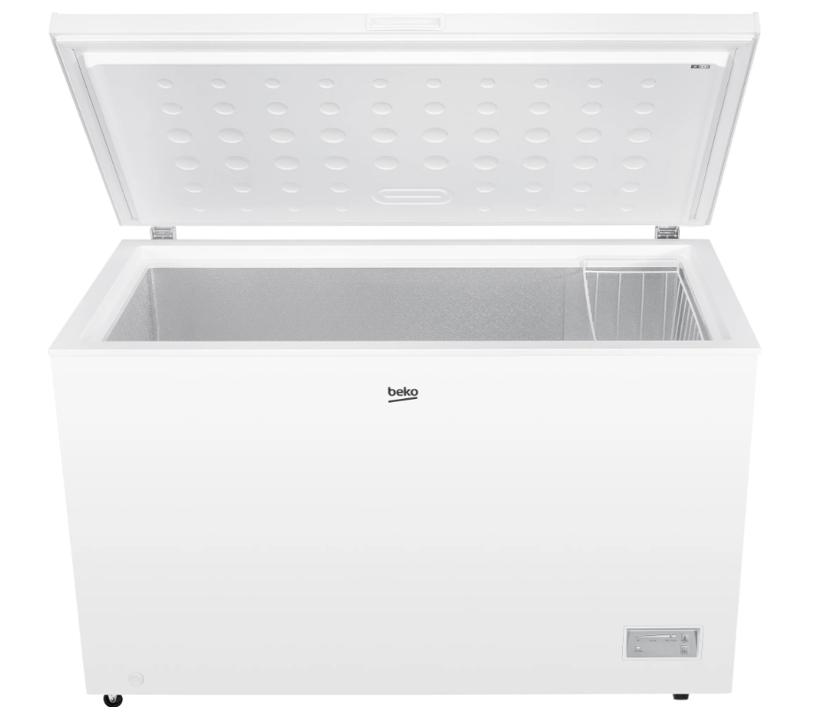 Beko white chest freezer with open lid showing empty interior and small wire basket on the right side