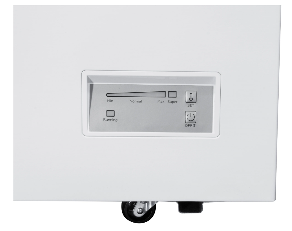 Close-up of the control panel and caster wheel on the white Beko Chest Freezer CF4371W.