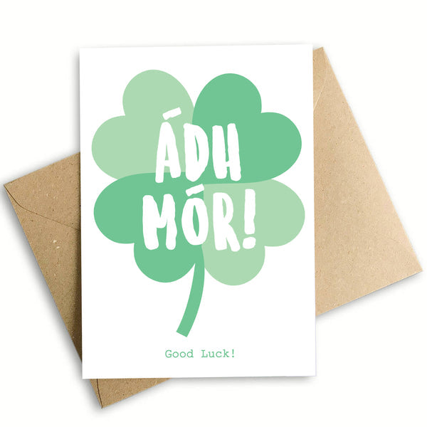 Good Luck 4 Leaf Clover Card, A6 size, 350gsm silk card with eco-friendly envelope, greeting inside, from Keans Claremorris.