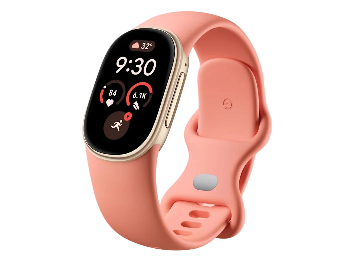 Google Fitbit Edge Canyon Gold fitness tracker front view with Champagne Gold case and Canyon Active Band