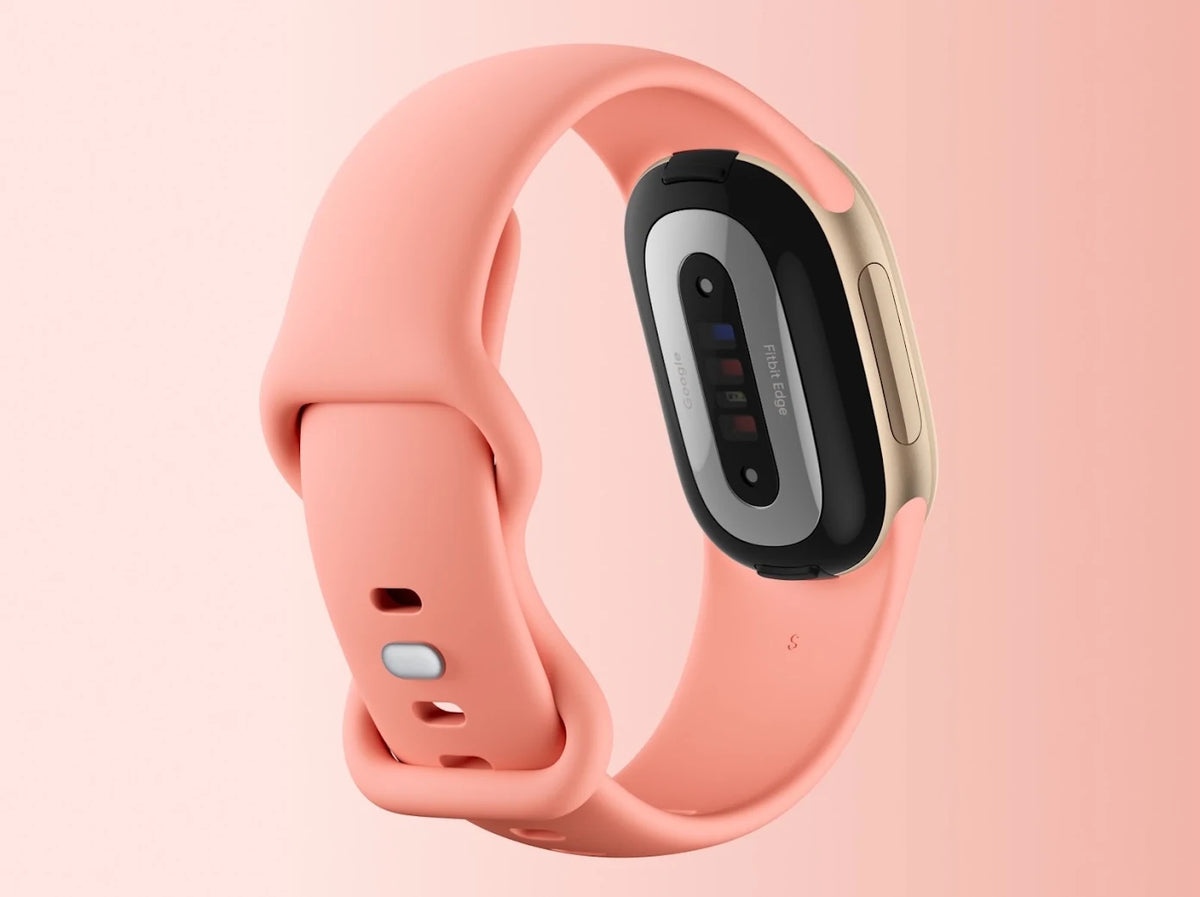 Side profile of Google Fitbit Edge Canyon Gold highlighting the slim Champagne Gold aluminium case and Canyon Active Band