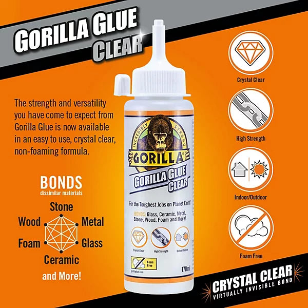 Gorilla Glue Clear 170ml bottle with white cap on orange background showing bonding uses and features.