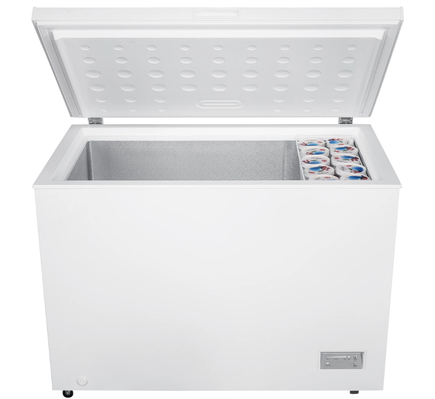 Beko 308 Litre white chest freezer with lid open, showing empty interior and ice cream tubs on one side