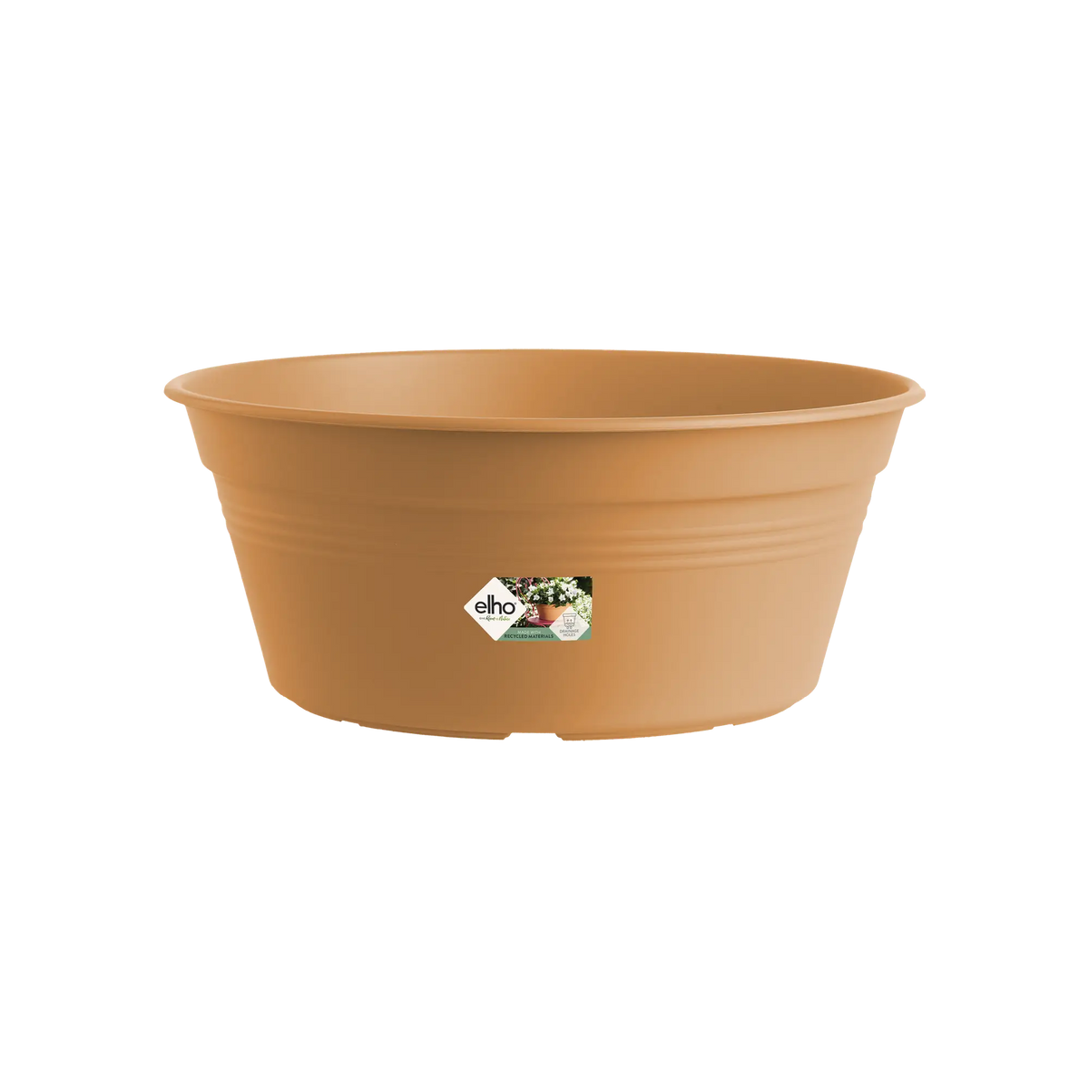 Mild terra-colored Green Basics Bowl with a smooth rim and label showing recycled materials and drainage holes.