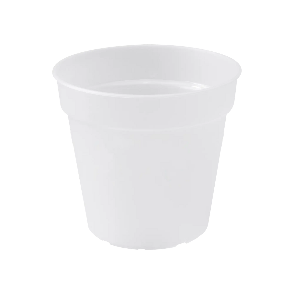 Transparent round plastic orchid flowerpot with smooth rim, shown from a slightly elevated angle.