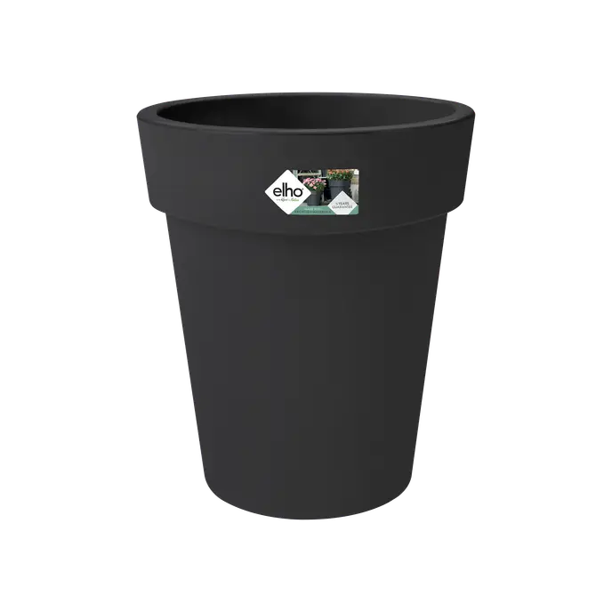 Tall black Green Basics Top Planter with a wide rim and a small label on the front