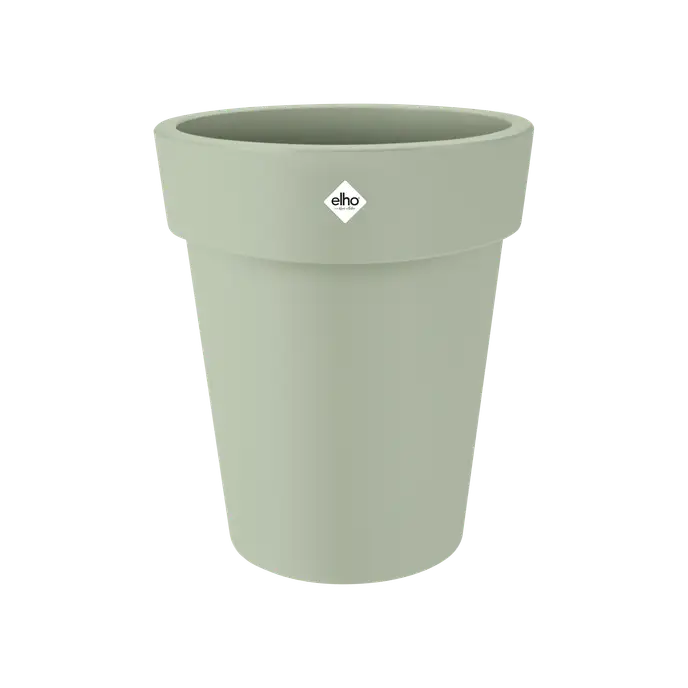 Tall stone green plastic planter with wide rim and small white logo on front
