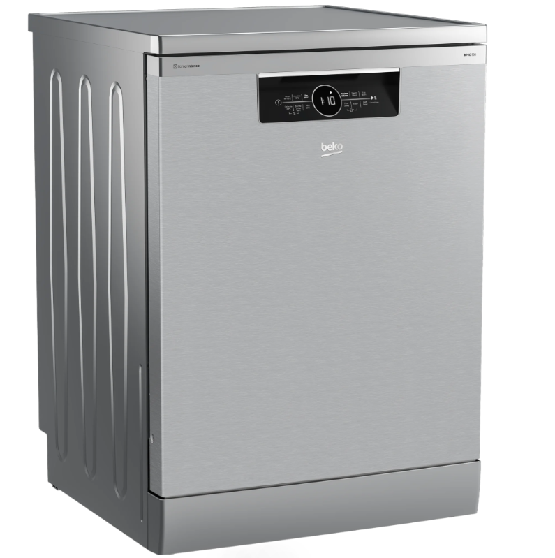 Beko 16 place stainless steel dishwasher with digital control panel showing cycle time.