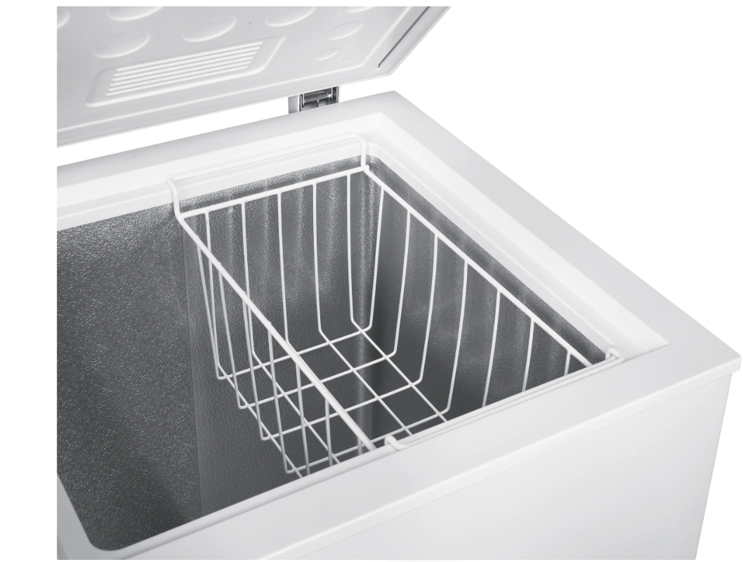 Open Beko Chest Freezer CF4098W showing white wire basket inside white interior.