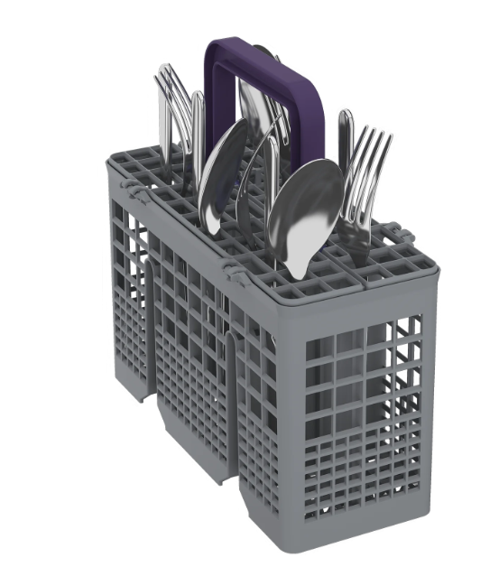 Gray dishwasher cutlery basket with purple handle holding forks, spoons, and knives.