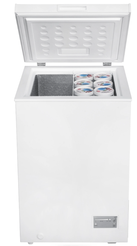 Beko Chest Freezer CF4098W in white with lid open, showing six ice cream tubs inside.