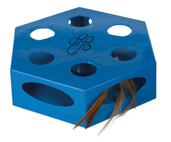 Interactive blue cat toy with swirling feather, treat dispenser, non-slip base, auto-off, battery-operated | Keans