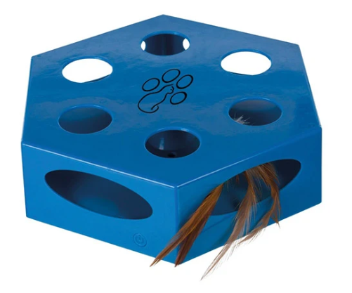 Interactive blue cat toy with swirling feather, treat dispenser, non-slip base, auto-off, battery-operated | Keans