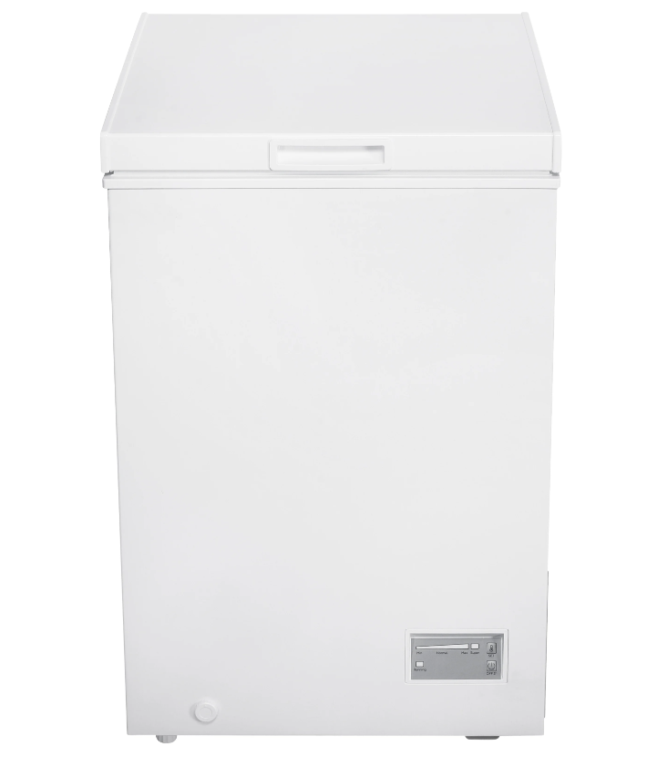 White Beko CF4098W chest freezer with top lid, recessed handle, and control panel on front lower right.
