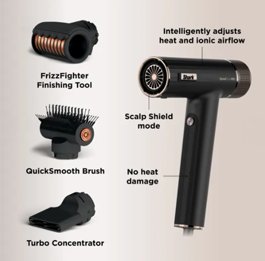 Shark Speed Style Pro 3-in-1 Hairdryer with multiple attachments, fast drying, available at Keans Claremorris.