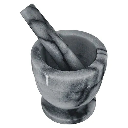 Judge Grey Marble Mortar and Pestle with visible grey and black marbling, shown from a top angle.