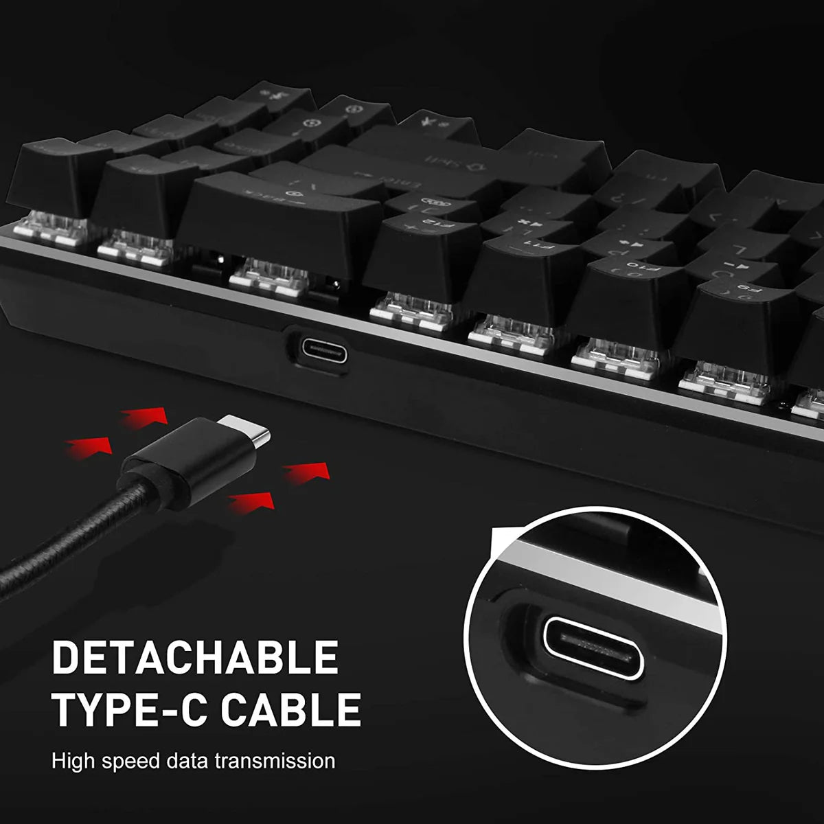 Close-up of Havit 60% mechanical keyboard showing detachable USB Type-C cable port and cable connector.