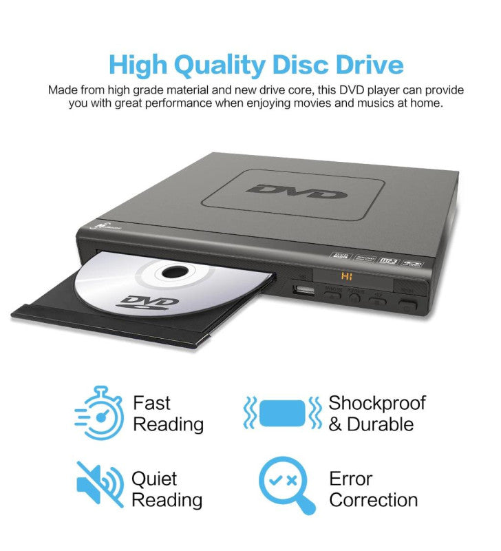 Majority Multi Regional DVD player with open disc tray showing a DVD disc and front control panel.