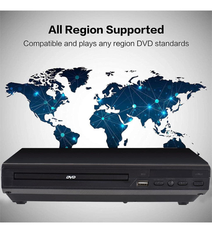 Majority Multi Regional DVD Player front view with USB port and buttons, world map background showing all region support