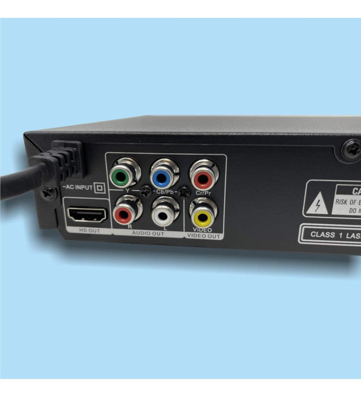 Back panel of Majority Multi Regional DVD Player showing AC input, HDMI, component, audio, and video output ports.