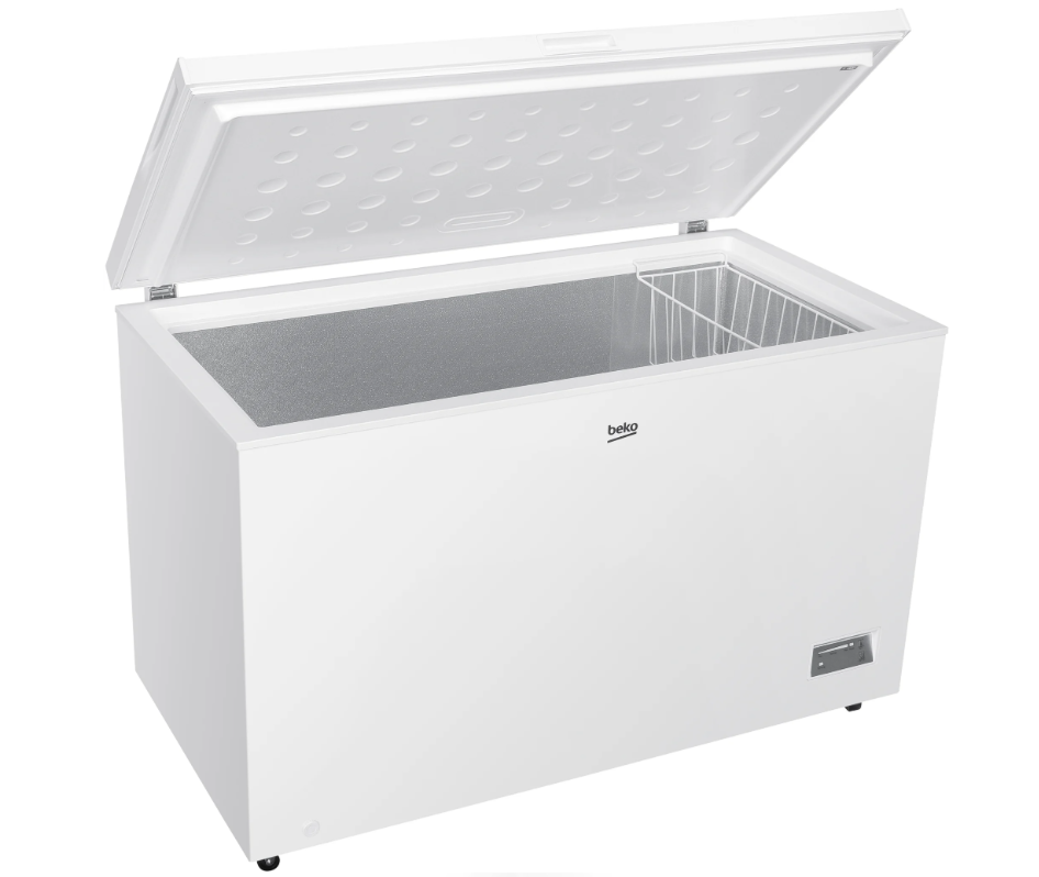 White Beko chest freezer with open lid, showing interior basket and textured lid underside.