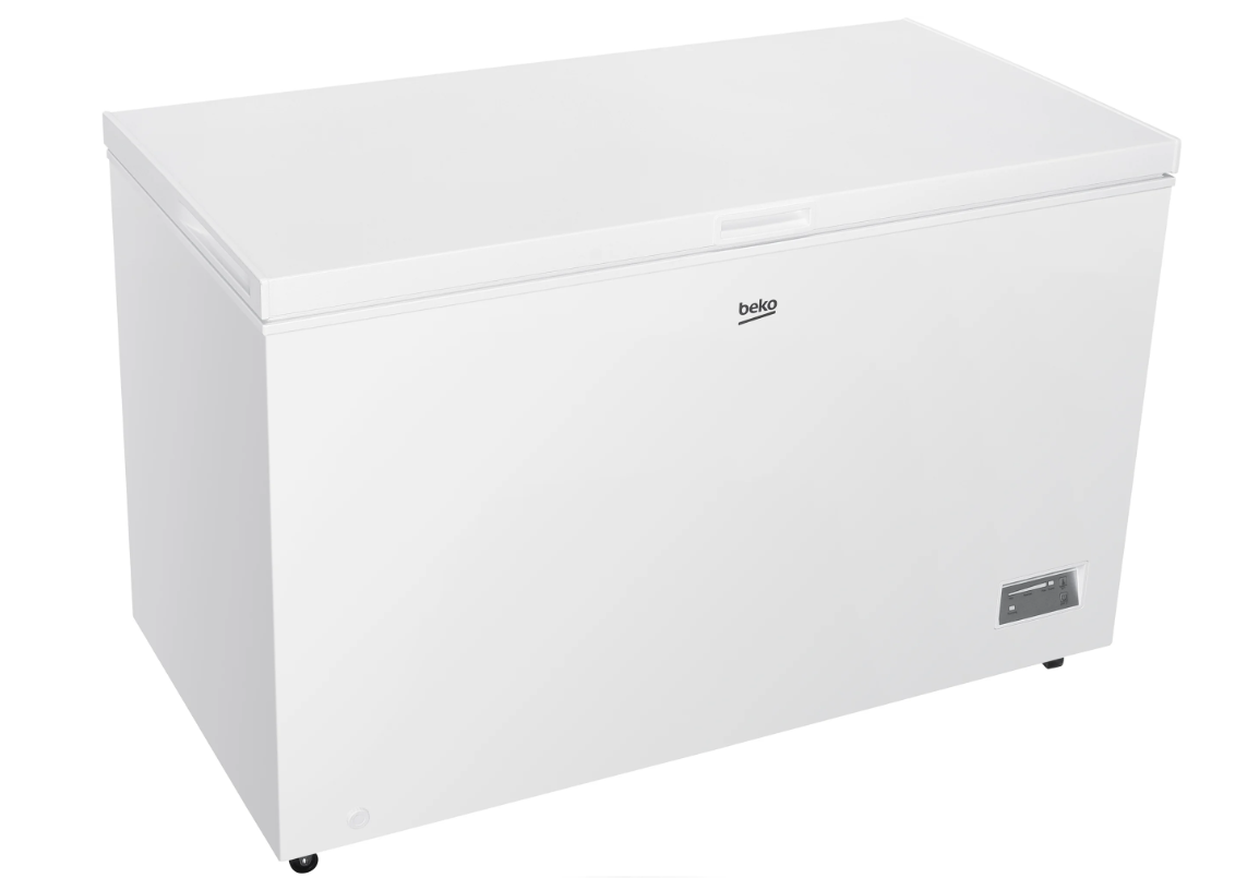 White Beko chest freezer with lid handle, control panel, and small wheels visible at the base