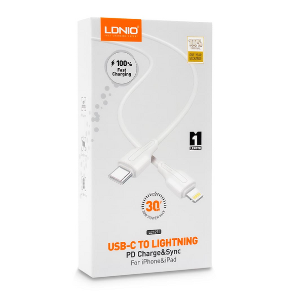 LDNIO 1m Type-C to Lightning cable, 30W fast charging, copper core, flexible white design – Keans Claremorris store.