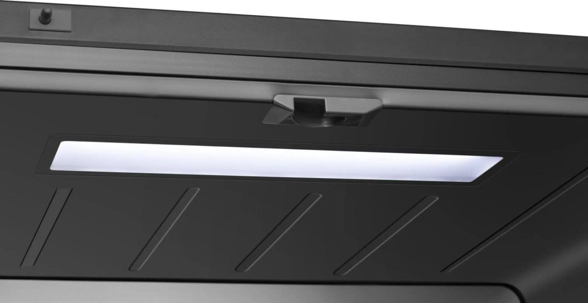 Close-up of the illuminated interior light and door handle of the Hisense 4 Door Fridge RQ760N4SBFE.