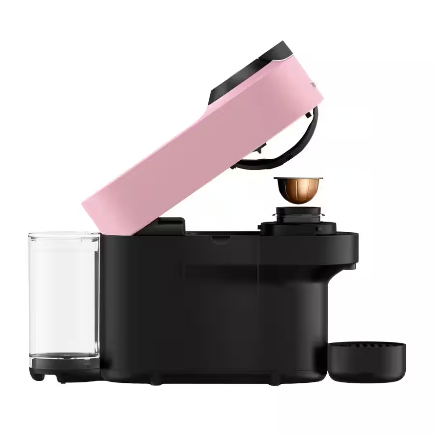 Delonghi Nespresso Vertuo Pop coffee machine in pink with lid open and capsule inserted, side view.
