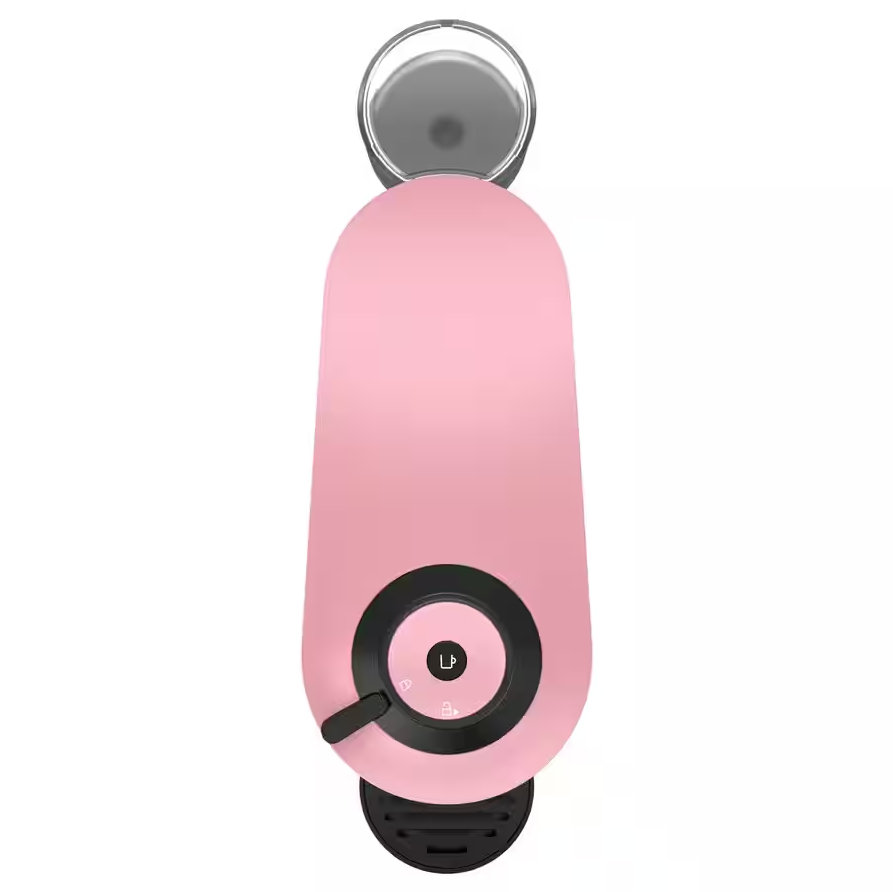 Top view of pink Delonghi Nespresso Vertuo Pop capsule coffee machine with control dial and drip tray.