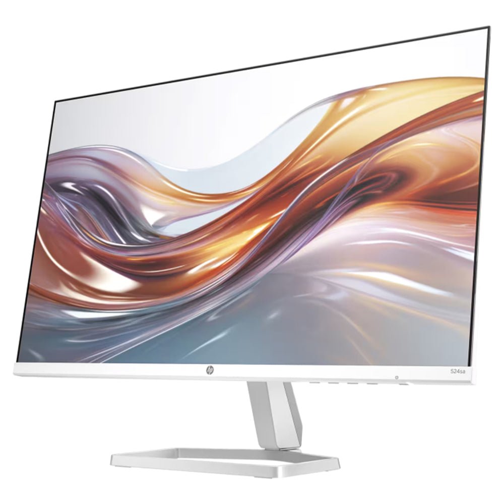 HP Series 5 24" FHD white monitor with slim bezels and built-in speakers, angled view
