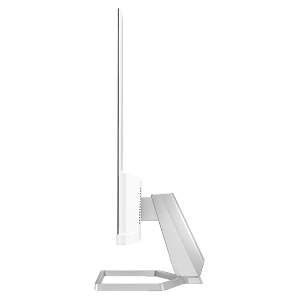 Side view of the slim white HP Series 5 24" FHD monitor with built-in speakers and silver stand.