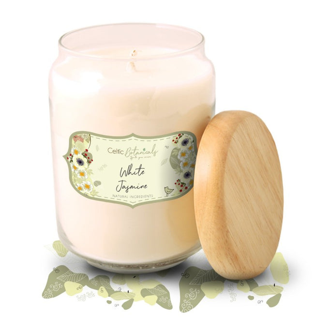White Jasmine Wood Top Pop Jar candle by Celtic Candles, 100-hour burn, natural wax blend, wooden lid – Keans Claremorris