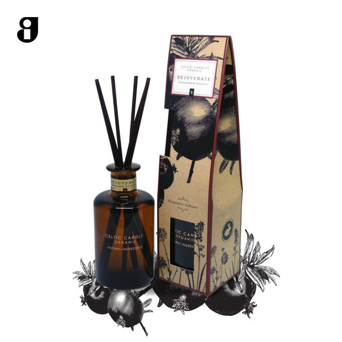 Celtic Apothecary 5 Rejuvenate 200ml diffuser with pomegranate & spiced plum scent, long-lasting aromatherapy by Keans