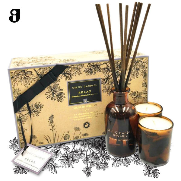 Celtic Relax mini 100ML diffuser with 2 lavender chamomile votive candles gift box by Keans Claremorris.