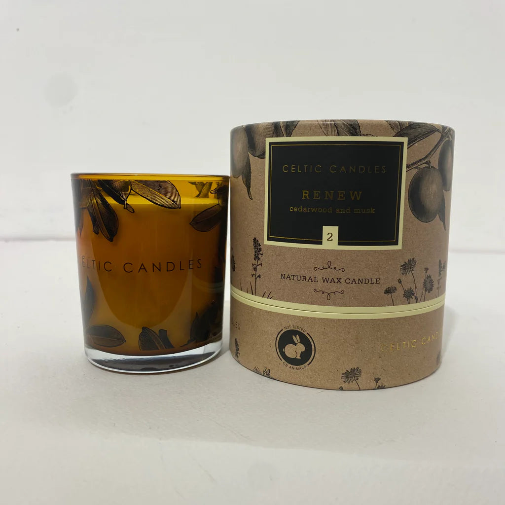 Renew Cedarwood and Musk candle with double wicks, 40-50 hour burn time, soothing floral and citrus scent – Keans Claremorris