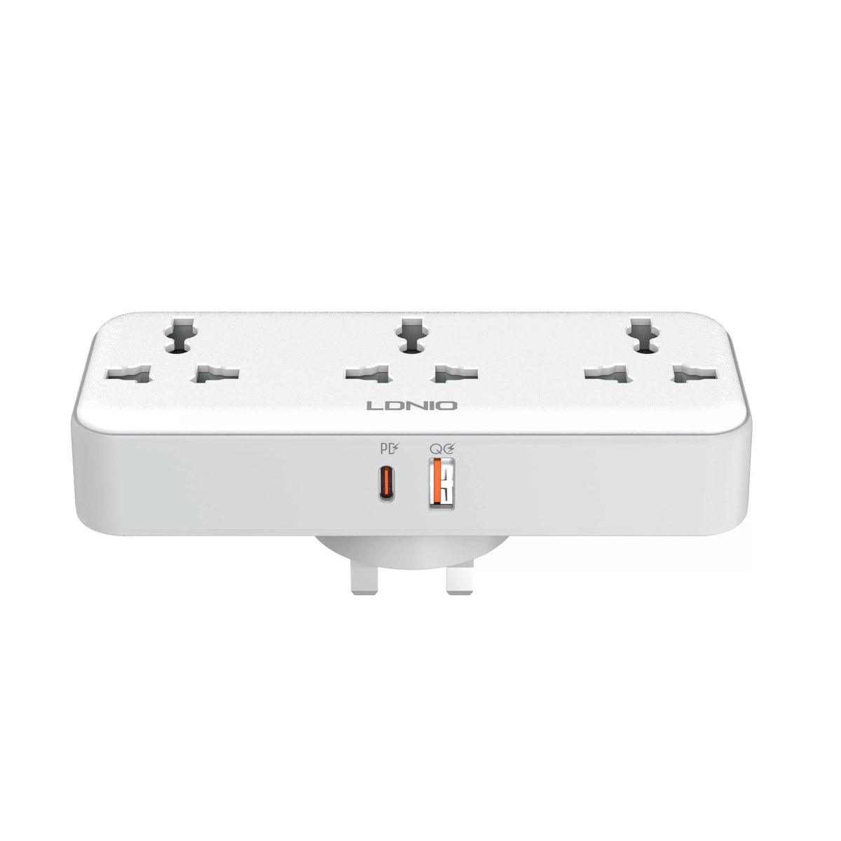 White LDNIO 3-way rotatable power strip with universal sockets and USB-C and USB-A ports on a white background.