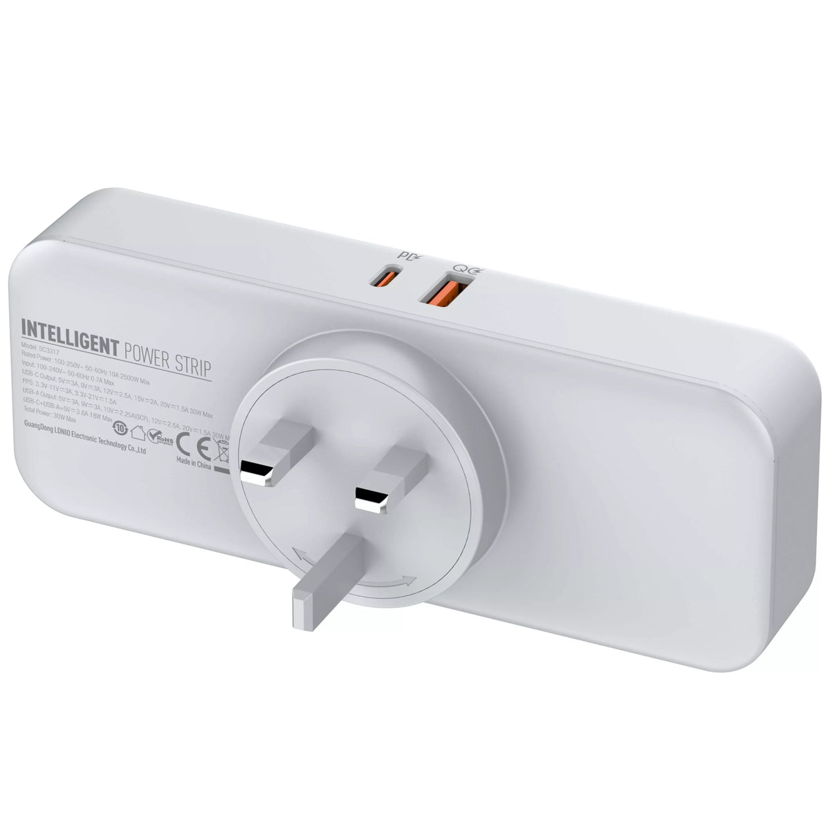 White LDNIO 3way Rotatable USB-C and USB-A power strip with UK plug and charging ports on top