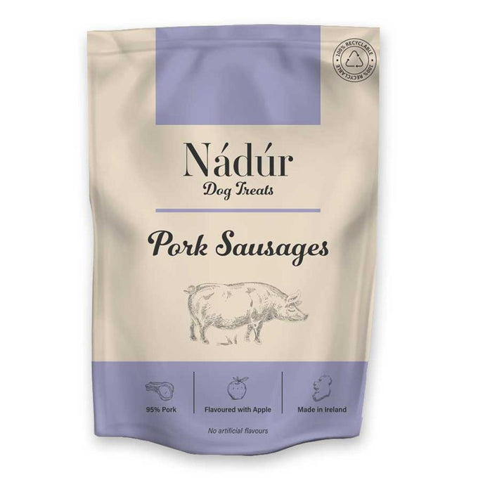 Nadur Dog Treats Pork Sausages, 95% pork, apple-flavored, high protein, natural ingredients, recyclable pack, Keans