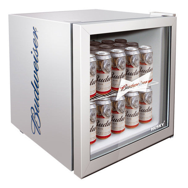 Husky Budweiser 48L silver drinks cooler with Budweiser branding, adjustable thermostat, compact design – available at