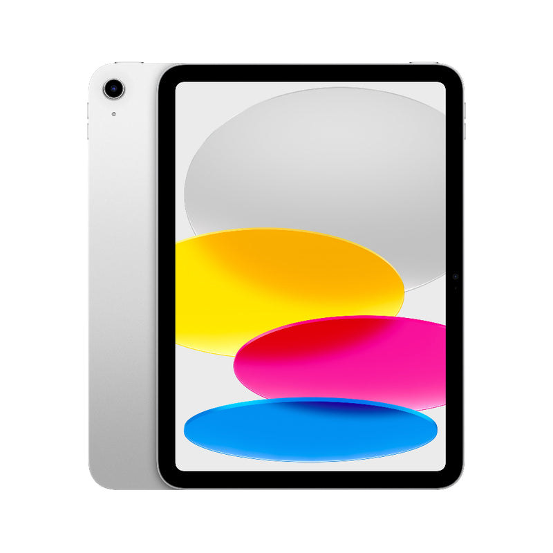 Apple iPad A16 11" 128GB Wi-Fi tablet in silver, front screen on with colorful abstract wallpaper and back view.