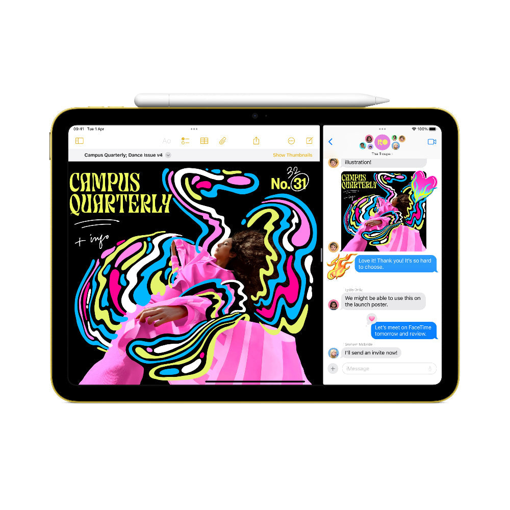 Apple iPad A16 11" Silver tablet displaying colorful artwork and messaging app, with Apple Pencil on top.