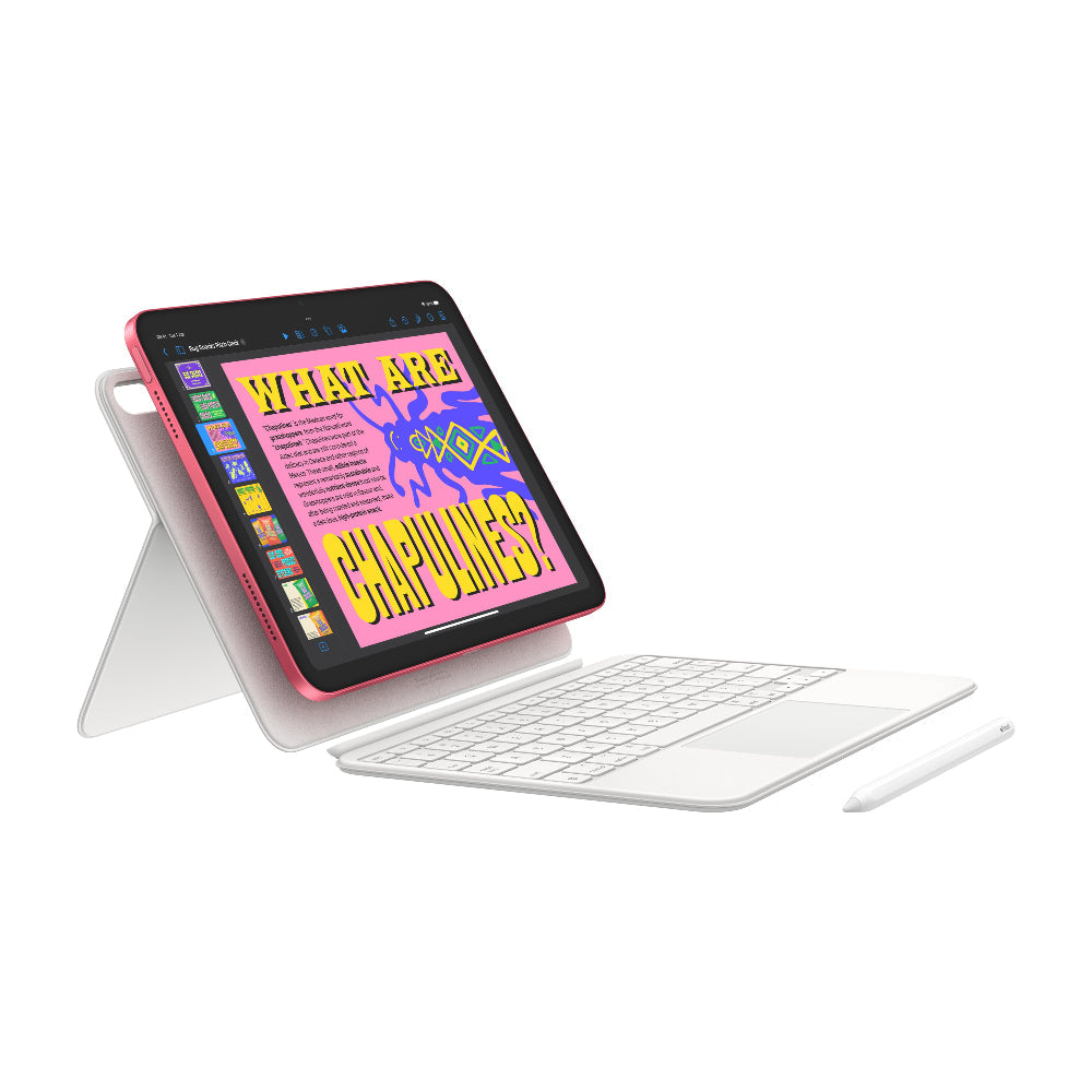 Apple iPad A16 11" in pink with keyboard, stylus, and stand showing colorful text on screen