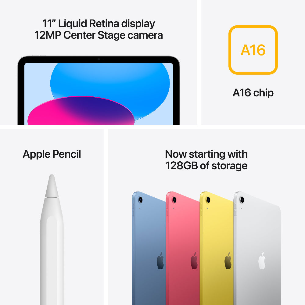 Silver Apple iPad A16 11-inch tablet front view with colorful abstract wallpaper on screen