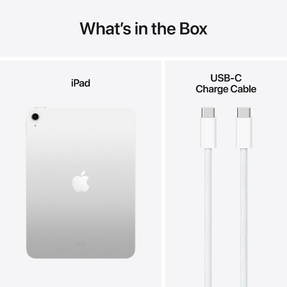 Silver Apple iPad A16 11" tablet back view with Apple logo and USB-C charge cable shown separately
