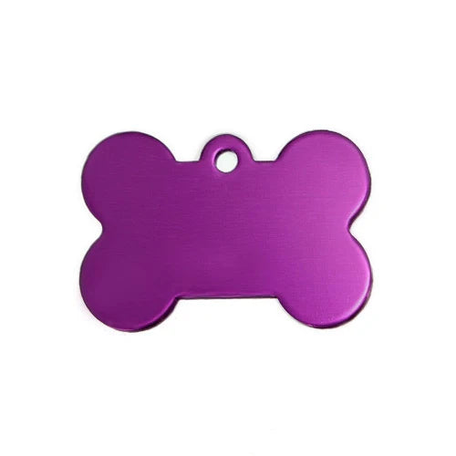 Purple bone-shaped metal pet ID name tag, double-sided engraving for cats and dogs, from Keans Claremorris.